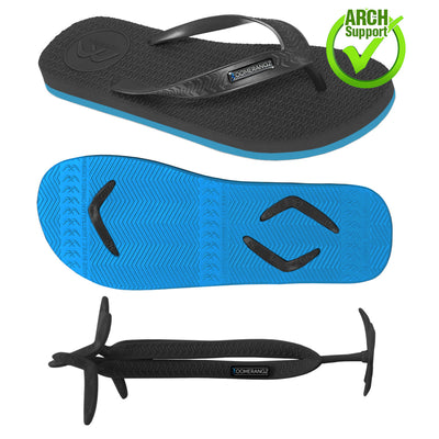 Men's Black/Blue WIDE Strap Thongs + Additional Regular Straps - Boomerangz Footwear