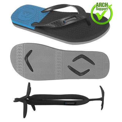 Men's Black/Grey/Blue WIDE Strap Thongs + Additional Regular Straps - Boomerangz Footwear