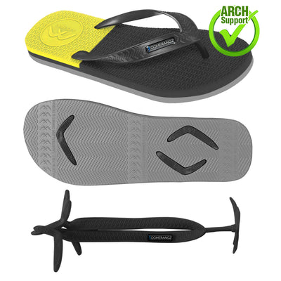 Men's Black/Grey/Yellow WIDE Strap Thongs + Additional Regular Straps - Boomerangz Footwear