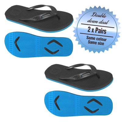2 x Pairs - Wide Strap Black/Blue Thongs - Boomerangz Footwear