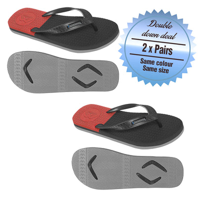2 x Pairs - Wide Strap Black/Grey/Red Thongs - Boomerangz Footwear