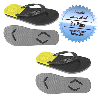2 x Pairs - Wide Strap Black/Grey/Yellow Thongs - Boomerangz Footwear
