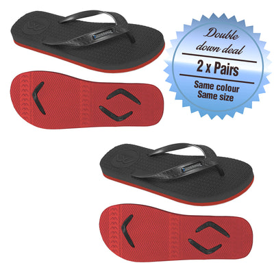 2 x Pairs - Wide Strap Black/Red Thongs - Boomerangz Footwear