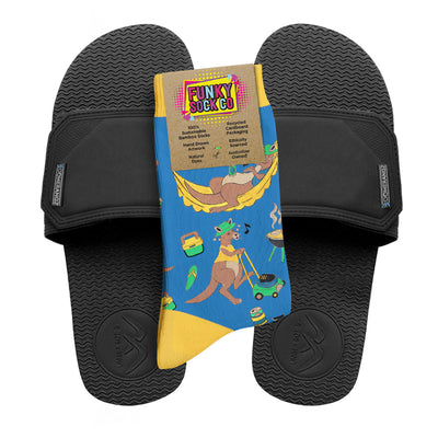 Regular Black Adjustable Slides + Socks Combo - Kangaroos - Boomerangz Footwear