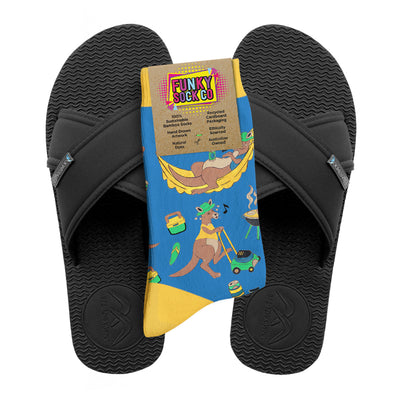 Slim Black Cross Slides + Socks Combo - Kangaroos - Boomerangz Footwear