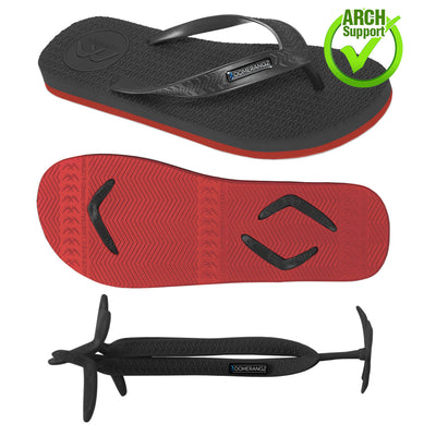 Men's Black/Red WIDE Strap Thongs + Additional Regular Straps - Boomerangz Footwear