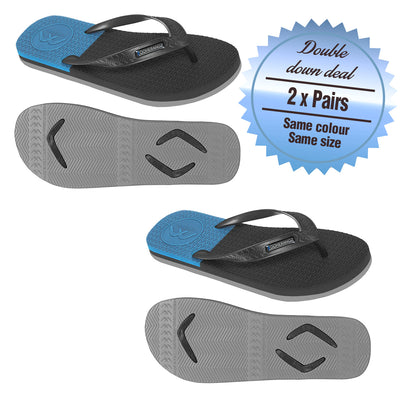 2 x Pairs - Wide Strap Black/Grey/Blue Thongs - Boomerangz Footwear