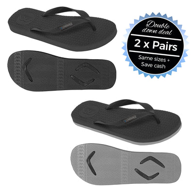 2 x Pairs - Regular Black & Black/Grey Thongs - Boomerangz Footwear