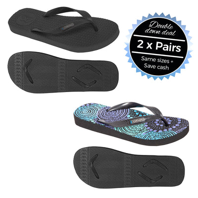 2 x Pairs - Regular Black & Saltwater Dreamtime 01 Thongs - Boomerangz Footwear
