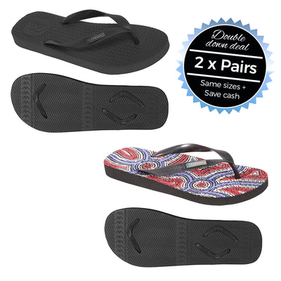 2 x Pairs - Regular Black & Saltwater Dreamtime 02 Thongs - Boomerangz Footwear