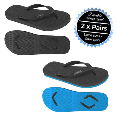 2 x Pairs - Regular Black & Black/Blue Thongs - Boomerangz Footwear