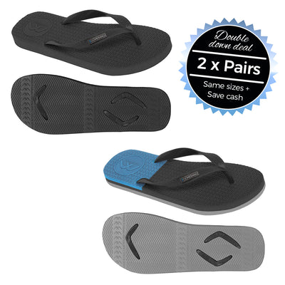 2 x Pairs - Regular Black & Black/Grey/Blue Thongs - Boomerangz Footwear