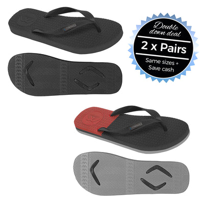 2 x Pairs - Regular Black & Black/Grey/Red Thongs - Boomerangz Footwear