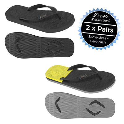 2 x Pairs - Regular Black & Black/Grey/Yellow Thongs - Boomerangz Footwear