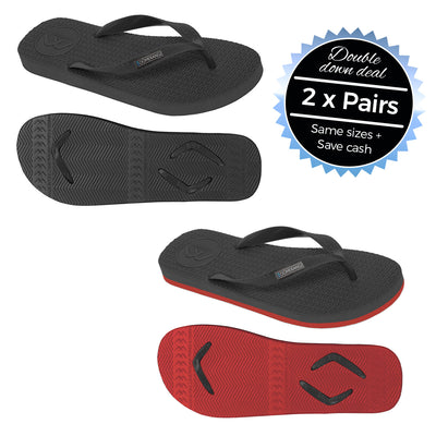 2 x Pairs - Regular Black & Black/Red Thongs - Boomerangz Footwear