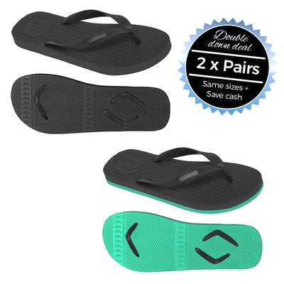 2 x Pairs - Regular Black & Black/Teal Thongs - Boomerangz Footwear