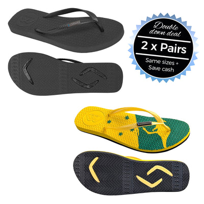 2 x Pairs - Slim Black & Aussie Print Thongs - Boomerangz Footwear