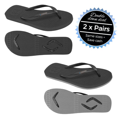 2 x Pairs - Slim Black & Black/Grey Thongs - Boomerangz Footwear