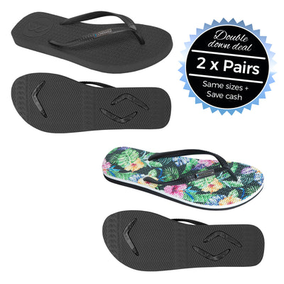 2 x Pairs - Slim Black & Floral Thongs - Boomerangz Footwear