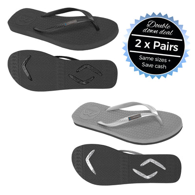 2 x Pairs - Slim Black & Grey Thongs - Boomerangz Footwear