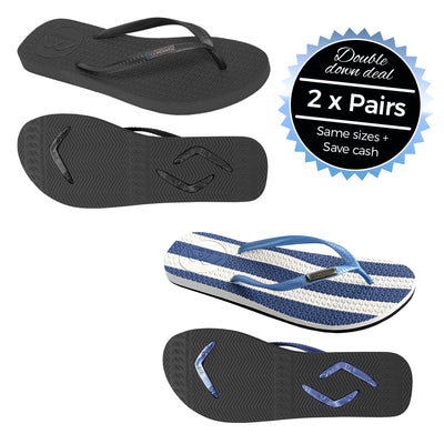 2 x Pairs - Slim Black & Navy/White Stripes Thongs - Boomerangz Footwear