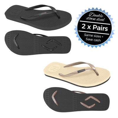 2 x Pairs - Slim Black & Golden Nude Thongs - Boomerangz Footwear