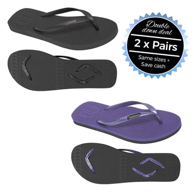 2 x Pairs - Slim Black & Purple Thongs - Boomerangz Footwear