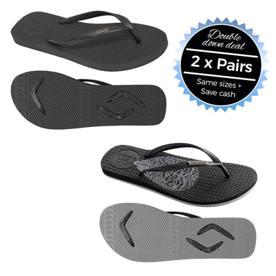 2 x Pairs - Slim Black & Tribal Print Thongs - Boomerangz Footwear
