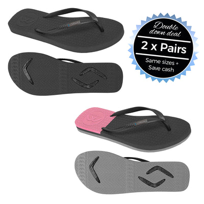 2 x Pairs - Slim Black & Black/Grey/Pink Thongs - Boomerangz Footwear