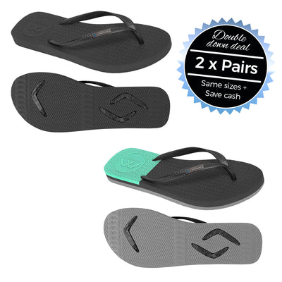 2 x Pairs - Slim Black & Black/Grey/Teal Thongs - Boomerangz Footwear