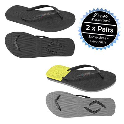 2 x Pairs - Slim Black & Black/Grey/Yellow Thongs - Boomerangz Footwear