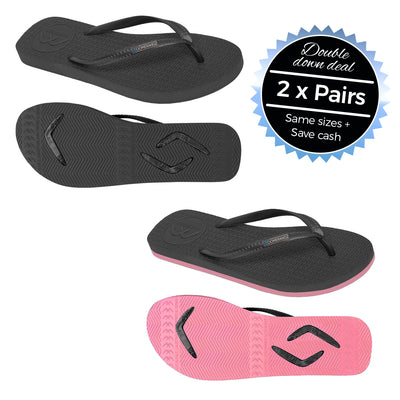 2 x Pairs - Slim Black & Black/Pink Thongs - Boomerangz Footwear
