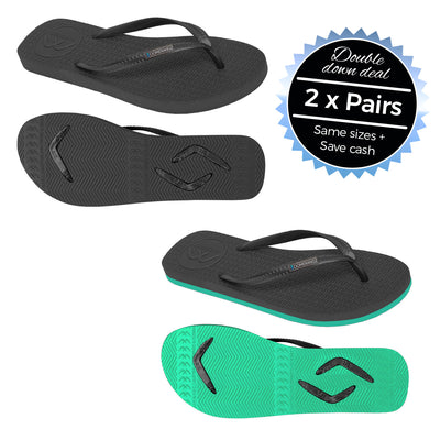 2 x Pairs - Slim Black & Black/Teal Thongs - Boomerangz Footwear