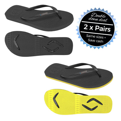 2 x Pairs - Slim Black & Black/Yellow Thongs - Boomerangz Footwear