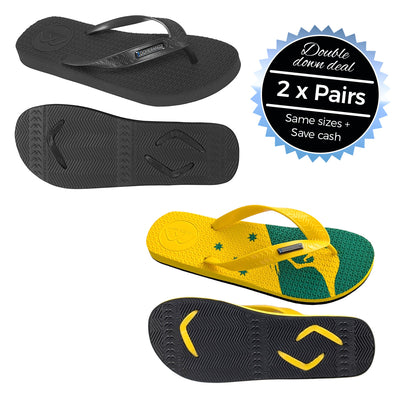 2 x Pairs - Wide Strap Black & Aussie Print Thongs - Boomerangz Footwear