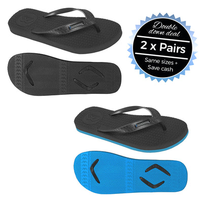 2 x Pairs - Wide Strap Black & Black/Blue Thongs - Boomerangz Footwear