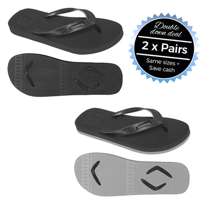 2 x Pairs - Wide Strap Black & Black/Grey Thongs - Boomerangz Footwear