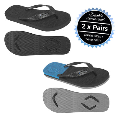 2 x Pairs - Wide Strap Black & Black/Grey/Blue Thongs - Boomerangz Footwear