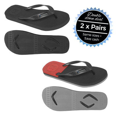 2 x Pairs - Wide Strap Black & Black/Grey/Red Thongs - Boomerangz Footwear