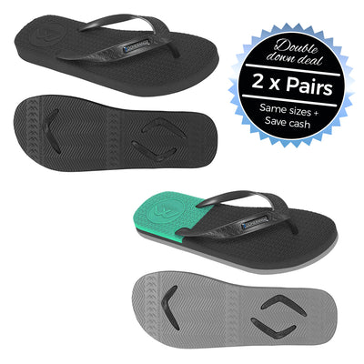 2 x Pairs - Wide Strap Black & Black/Grey/Teal Thongs - Boomerangz Footwear