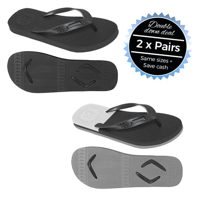 2 x Pairs - Wide Strap Black & Black/Grey/White Thongs - Boomerangz Footwear