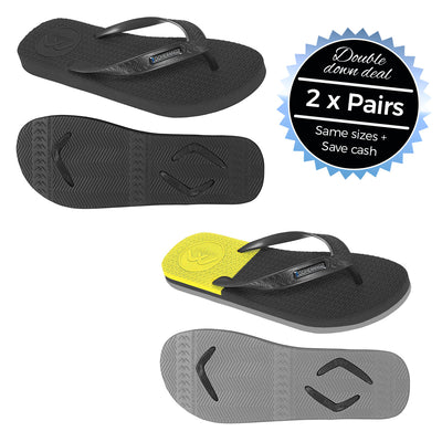 2 x Pairs - Wide Strap Black & Black/Grey/Yellow Thongs - Boomerangz Footwear