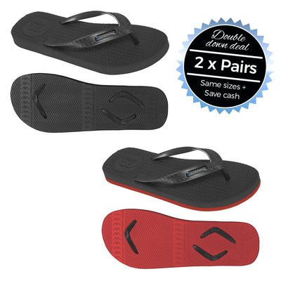 2 x Pairs - Wide Strap Black & Black/Red Thongs - Boomerangz Footwear