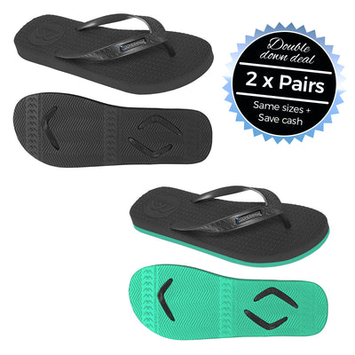 2 x Pairs - Wide Strap Black & Black/Teal Thongs - Boomerangz Footwear
