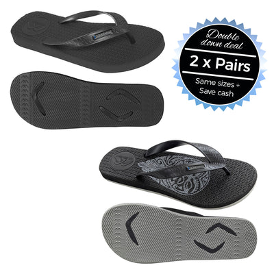 2 x Pairs - Wide Strap Black & Tribal Print Thongs - Boomerangz Footwear