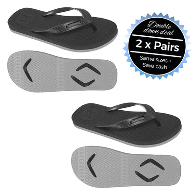 2 x Pairs - Wide Strap Black/Grey Thongs - Boomerangz Footwear