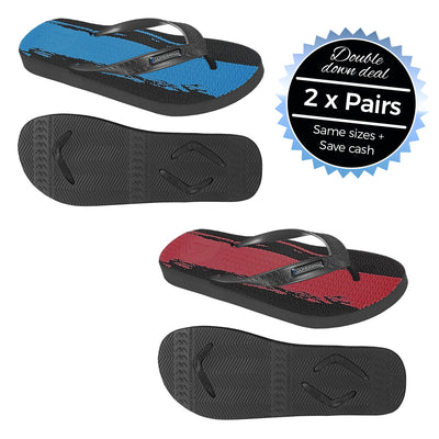 2 x Pairs - Wide Strap Blue & Red, Paint Stripe Thongs - Boomerangz Footwear
