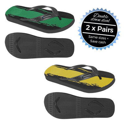 2 x Pairs - Wide Strap Green & Yellow, Paint Stripe Thongs - Boomerangz Footwear