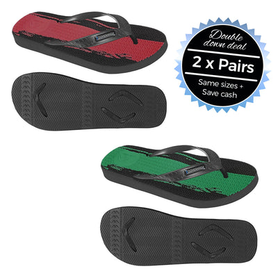 2 x Pairs - Wide Strap Red & Green, Paint Stripe Thongs - Boomerangz Footwear