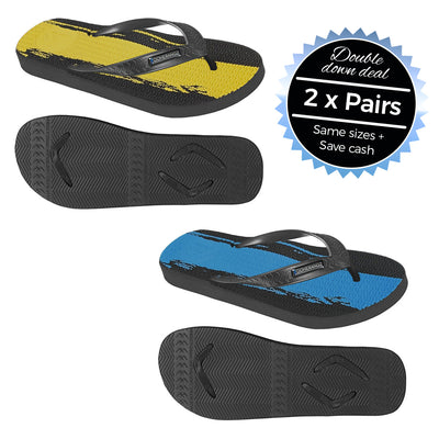 2 x Pairs - Wide Strap Yellow & Blue, Paint Stripe Thongs - Boomerangz Footwear